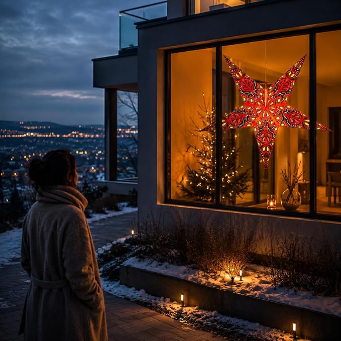 Lantern Lampshade Paper Star Light Shades Large 60cm Hanging Decorations for Christmas Wedding Home Decoration Birthday Party Foldable 5 Pointed Star (Red, Black, Yellow)
