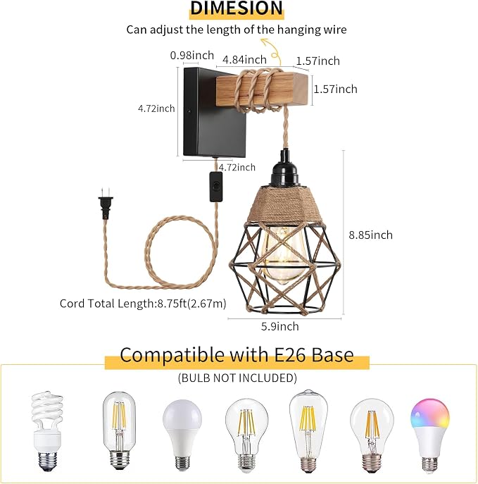 foucasal Plug-in Wall Sconces Set of Two, Rustic Farmhouse Wall Lamp | 8.75FT On/Off Switch Cord, Indoor Rustic Wall Mounted Lamps Set of 2 for Bedroom, Living Room, Bathroom, Entryway, Porch