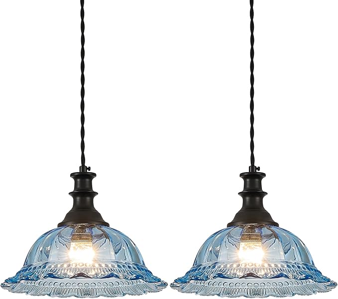 HDDFL Glass Pendant Lights Modern Pendant Lighting Fixtures Hanging Lamp for Kitchen Island Bedroom Dining Room Coffee Shop Hallway Blue and Black 2 Pack