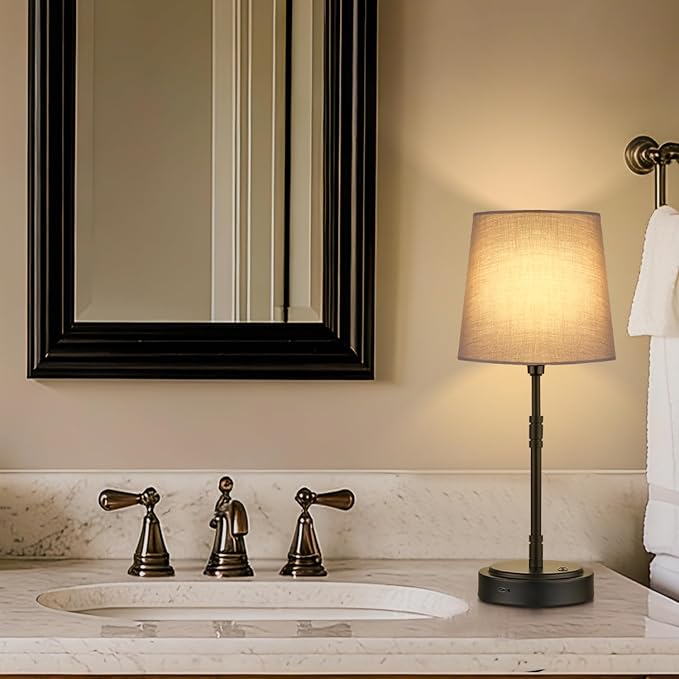 Cordless Table Lamps Set of 2 – Battery Operated Lamp with 7500mAh Rechargeable Battery, Stepless Dimmable Black Lamps with Grey Shade, Wireless Lamps for Dining Room & Nightstand (Bulbs Included)
