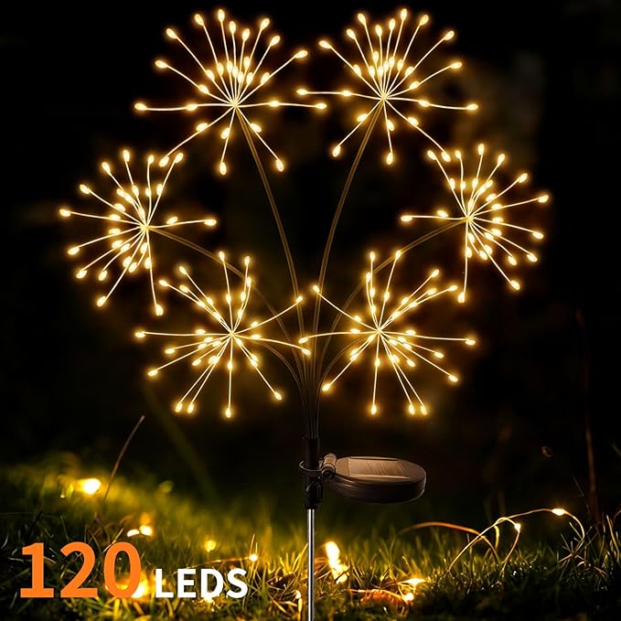 2 Pack Solar Garden Lights Outdoor Waterproof, New Upgraded 6 Branches Firework Starburst Lights with 2 Modes, Solar Fairy Lights for Yard Garden Patio Pathway Party Decor - Warm White