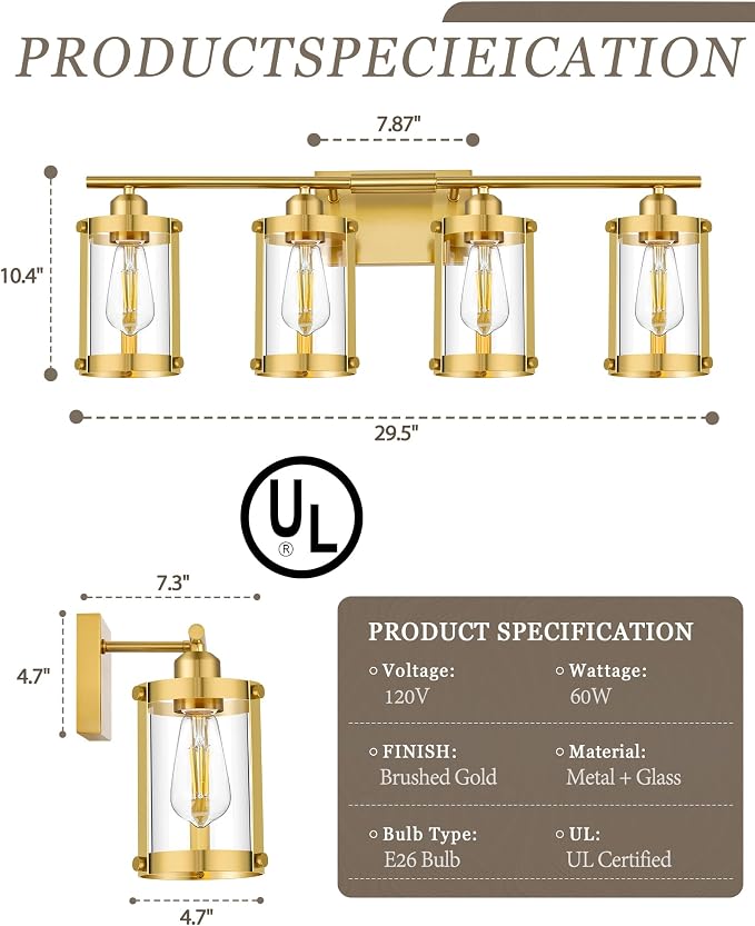 4-Light Brushed Gold Bathroom Light Fixtures with Clear Glass and Metal Cage, 29 Inch Modern Brass Vanity Lighting Over Mirror Wall Sconce Lights for Bath, E26, Rust-Proof, OS-3014BG-4W