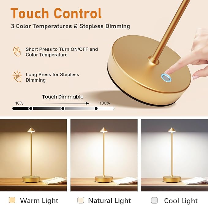 Cordless Rechargeable Led Table Lamp Battery Operated Light Gold | 6000mAh Touch 3 Color Dimming Portable Metal Outdoor Waterproof Light for Patio/Restaurant/Dining/Home