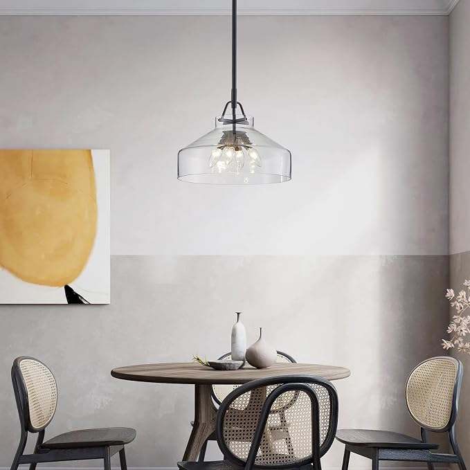 WUZUPS Chandelier Rustic Farmhouse Industrial Round Ceiling Pendant LED Light Fixture with Clear Glass Shades for Dining Room Kitchen Island Foyer Entryway, H 11.8" W 15", E26 Base, Brushed Nickel