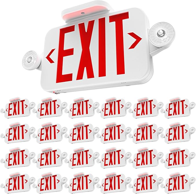 Sunco 24 Pack LED Exit Sign With Emergency Lights, Red, Two Mini Adjustable Lights, 94V-0 Fire Resistant, Backup Battery, 2.3W 6000K Daylight Deluxe, 200 Lumens 120-277V, Wall Or Ceiling Mount UL.