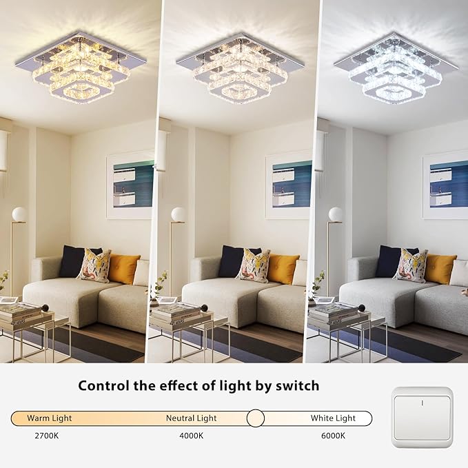 FRIXCHUR 9.8" Crystal Ceiling Light, 3-Color LED Square Flush Mount Chandelier, 2-Layer K9 Crystal Ceiling Lamp for Bedroom Living Room Dining Room Hallway Foyer 25W
