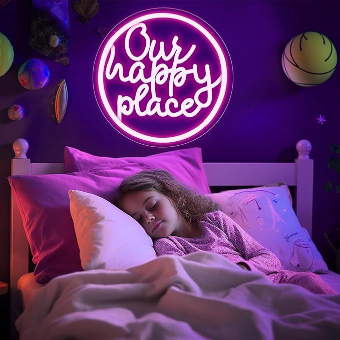 Our Happy Place Neon Sign Happy Place Neon Signs for Wall Decor，LED Signs for Bedroom Living Room Man Cave Home Bar Birthday Party Game Zone Decor Neon Classroom Signs