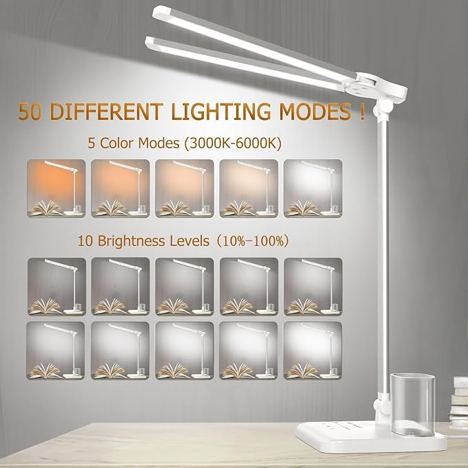 LED Desk Lamp for Home Office Desk Light Table Lamp 50 Lighting Modes Timer | Eye-Caring Desk Lamp with USB Adapter, Foldable Dual Swing Arm Architect for Reading, Study, Workbench