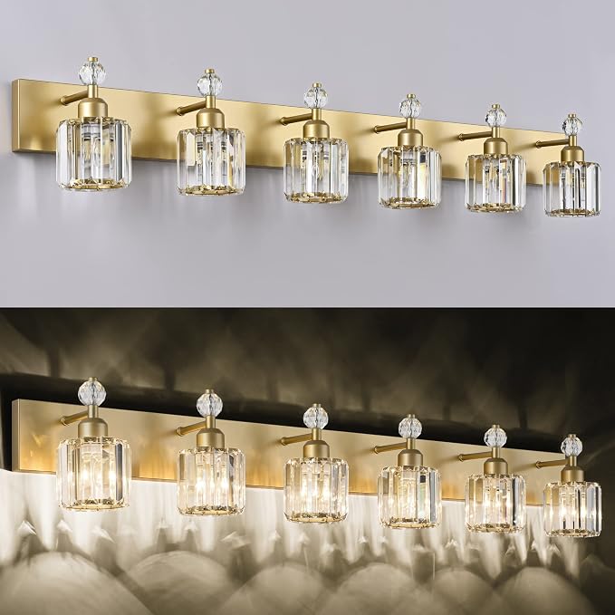PRESDE 5-Crystal Bathroom Vanity Light Modern Gold Bathroom Lights Fixtures Over Mirror Modern Bath Wall Lighting