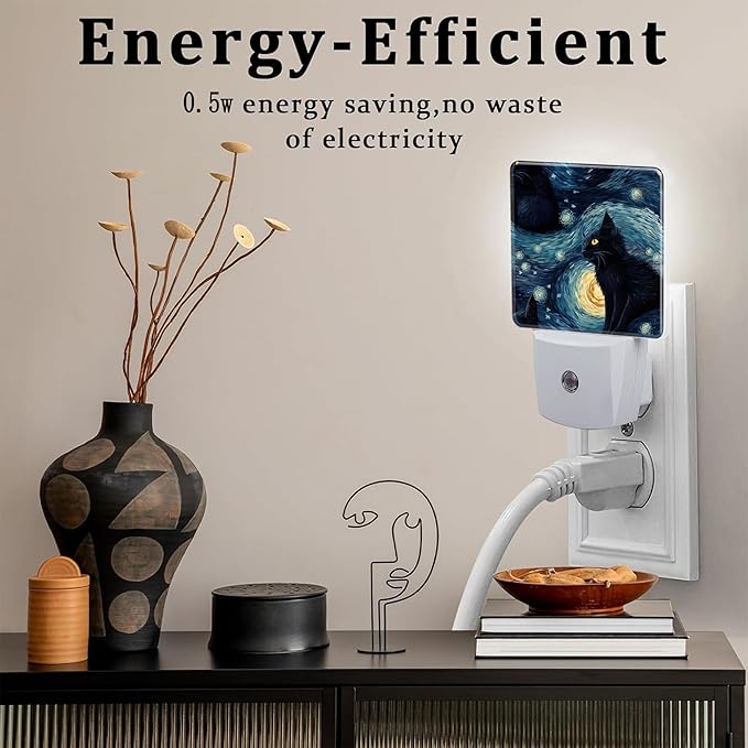 Starry Night Black Cat Night Light Plug into Wall, Abstract Oil Painting Cat Dusk to Dawn Night Light Plug in,0.5w Energy Saving Sleep Friendly NightLight for Kids Boys Girls Home Decor