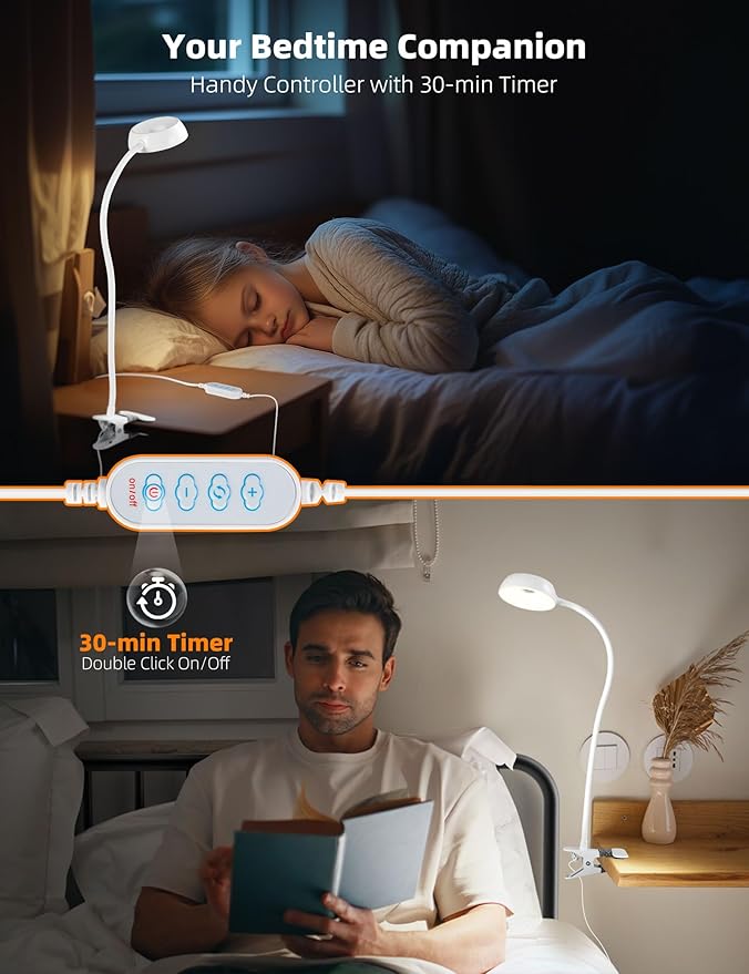 Clip on Lamp 10-Level Dimming & 5 Color Modes LED Book Light, Flexible Reading Light with Clamp for Beds, Desks, Table, Headboards, Dorm- Eye-Friendly Clip on Night Light for Kids/Adults (White)