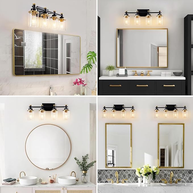Modern Black & Gold Vanity Lights - 4 Light for Bathroom Over Mirror, Vintage Sconce with Clear Glass Shade