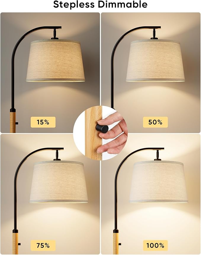 Dimmable Floor Lamp for Living Room, 65" Tall Metal Standing Lamp with LED Bulb, Mid Century Modern Arc Floor Lamp with Linen Shade for Bedroom, Reading Room, Office & Nursery, Black&Natural Color