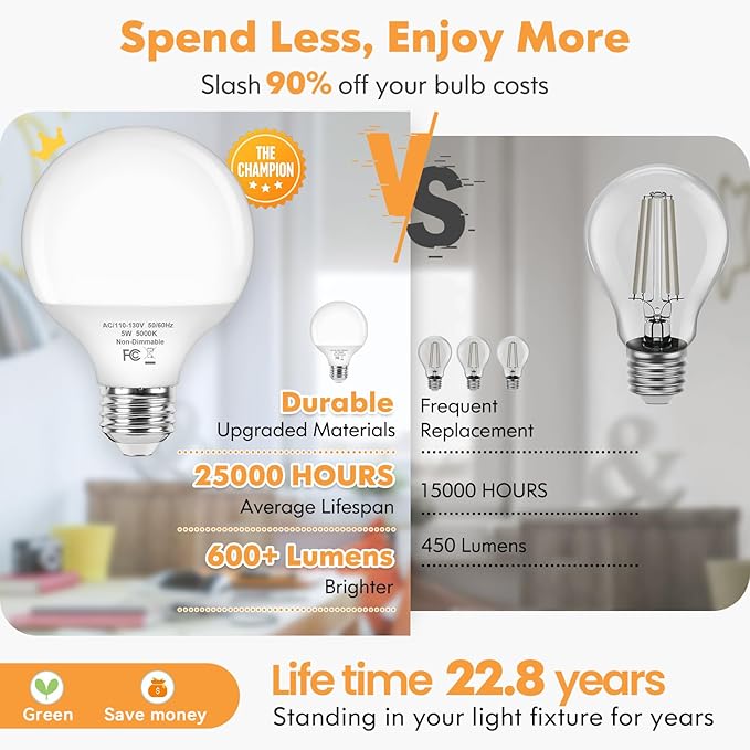 Brightever G25 LED Light Bulbs, 5W Vanity Light Bulb for Bathroom, 60W Equivalent 2700K Warm White Round Light Bulb, 600LM, E26 Base Globe Light Bulbs, 8-Pack, Non-Dimmable