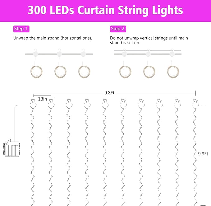 echosari Curtain Lights Battery Operated 9.8 x 9.8Ft with Timer Pink | 300 LED Fairy Lights with Hooks for Bedroom Wedding Backdrop Indoor Decor