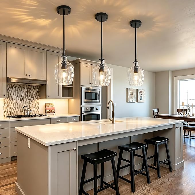 Black Pendant Lights Kitchen Island, 1 Light Modern Kitchen Island Lighting with Hand-Blown Hammered Glass, Adjustable Hanging Pendant Lights for Kitchen, Sink, Entryway
