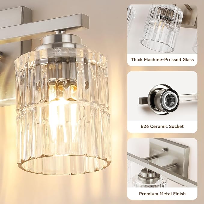 TALOYA Nickel 3Light Bathroom Vanity Light with Fluted Cylinder Glass Shade | Modern Vanity Lighting Fixtures, Bathroom Lights Over Mirror, Wall Mount Mirror Light Fixtures for Bathroom Hallway Bedroom