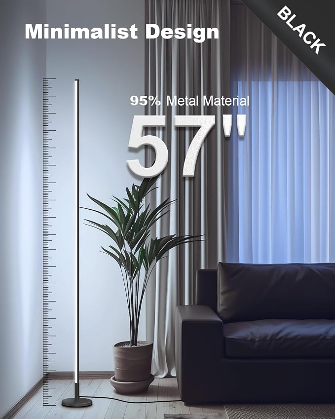 Minimalist Corner Floor Lamp - 2700K-6500K Dimmable LED Light | Modern Standing Mood Lamp with Remote Control for Living Room, Bedroom - 57" - 12W - Black - 1Pack