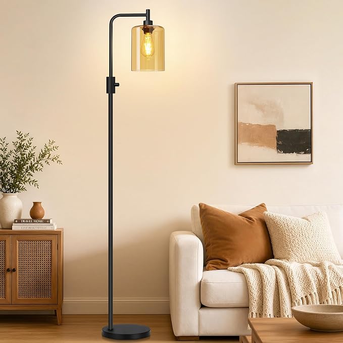 【Upgraded】 Dimmable Floor Lamp for Living Room with Amber Glass Lampshade, Black Modern Glass Floor Lamp with 900LM LED Bulb Included, Arc Standing Tall Lamp for Bedroom, Office, Reading Room, Corner