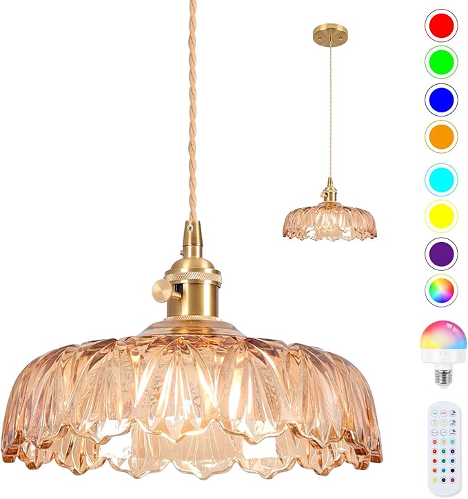 Battery Operated Pendant Light,Vintage Light Fixtures 2500mAh 9.4in RGB Light Bulb Amber Modern Chandelier with Remote Control Wireless Adjustable Rechargeable Chandelier for Kitchen Island 1Light