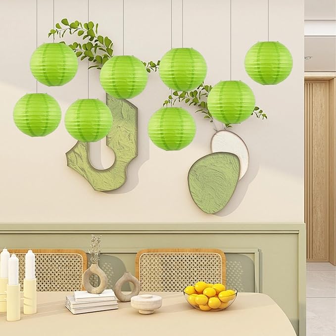 Green Chinese Paper Lanterns with LED Lights, 10-Pack 10inch
