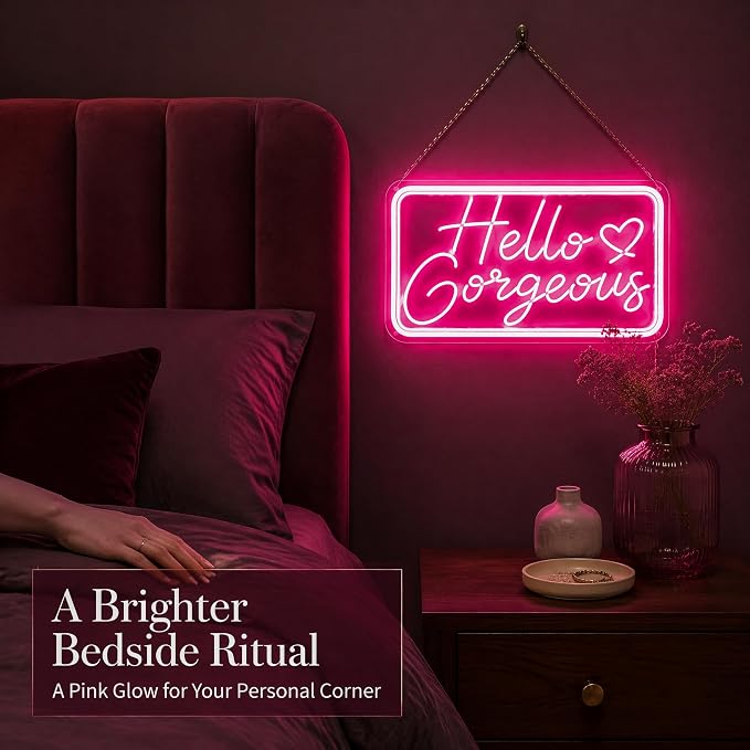 "Hello Gorgeous" Pink LED Neon Sign – Dimmable Motion Sensor Light Up Signs for Wall Decor,USB Powered Acrylic Neon Signs for Bedroom, Girls Room, 16.5"x9", Pink Light