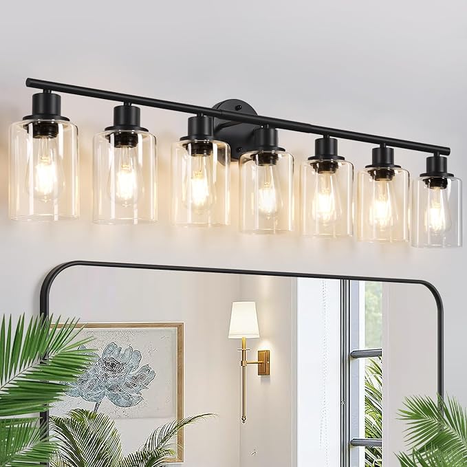Zarbitta 7-Light Bathroom Light Fixtures, Black Modern Vanity Lights with Clear Glass Shade, Bathroom Wall Lamp, for Mirror, Kitchen, Living Room, Hallway, Cabinet