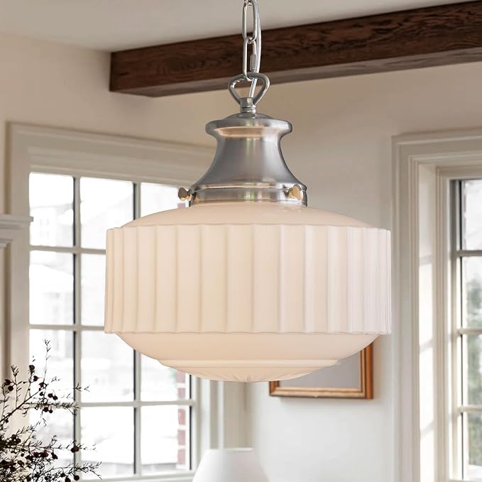 Vintage Milk Glass Pendant Light Fixtures, 10.63" Milk Glass Chandelier, Brushed Nickel Pendant Lights Kitchen Island, Milk Glass Pendant Light for Kitchen Island Lighting, Dining Room & Entryway
