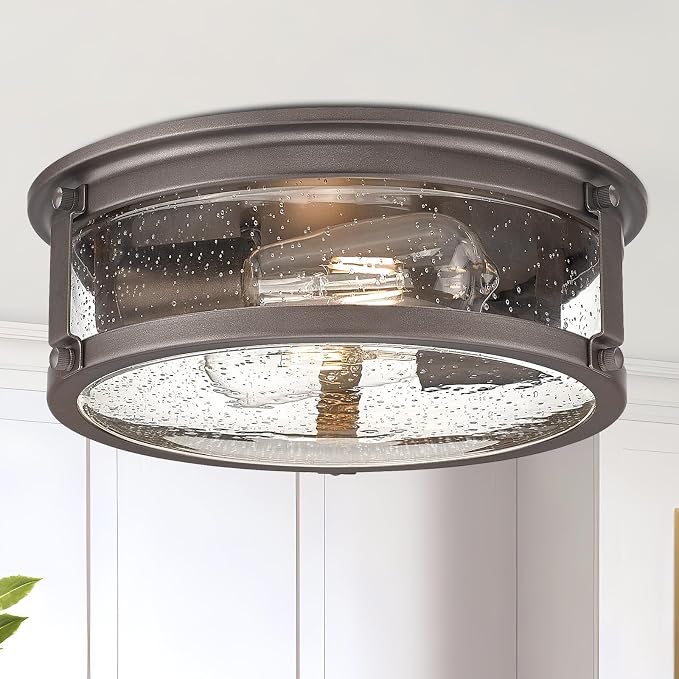 Vintage Oil-Rubbed Bronze Flush Mount Ceiling Light | 2-Light Ceiling Light with Metal Frame & Seeded Glass, Rustic Close to Ceiling Lighting for Hallway, Bedroom , Foyer