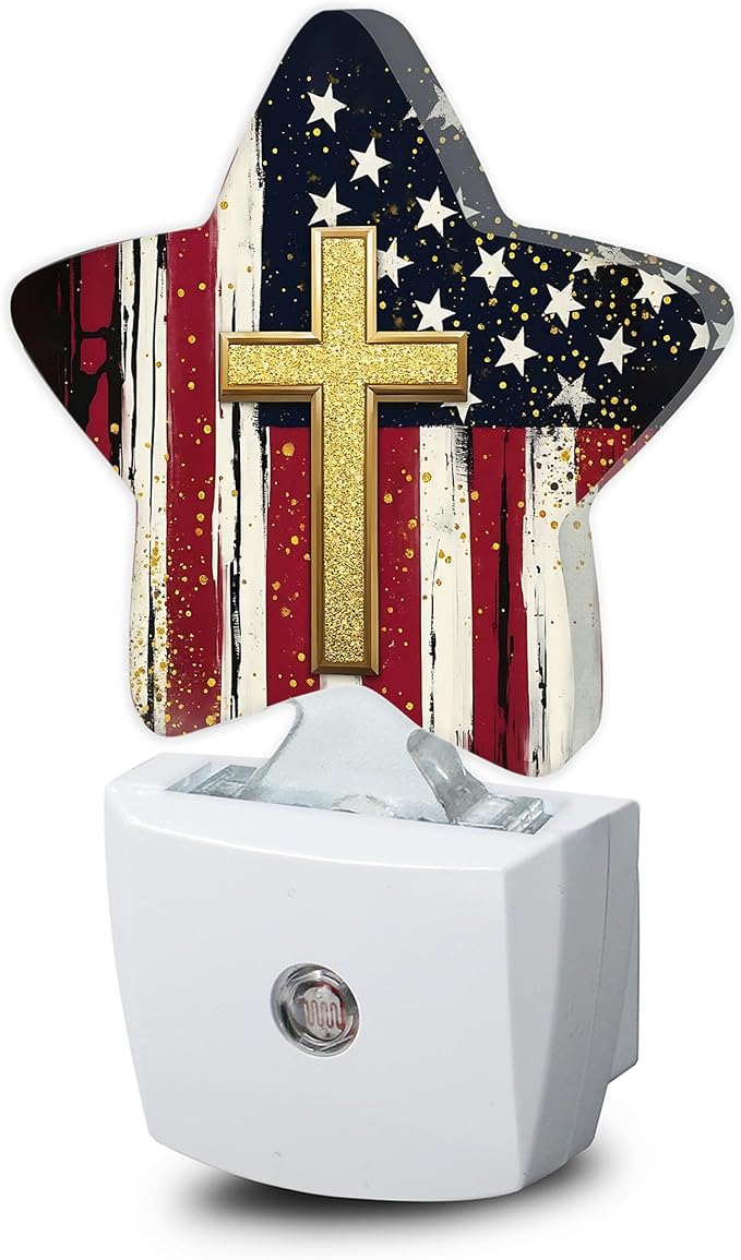 Night Light,American Flag Cross Plug into Wall with Dusk to Dawn Light Sensors,Vintage Warm Star Nightlights for Bedroom,Bathroom,Hallway,Kitchen Home Decor Desk Lamp