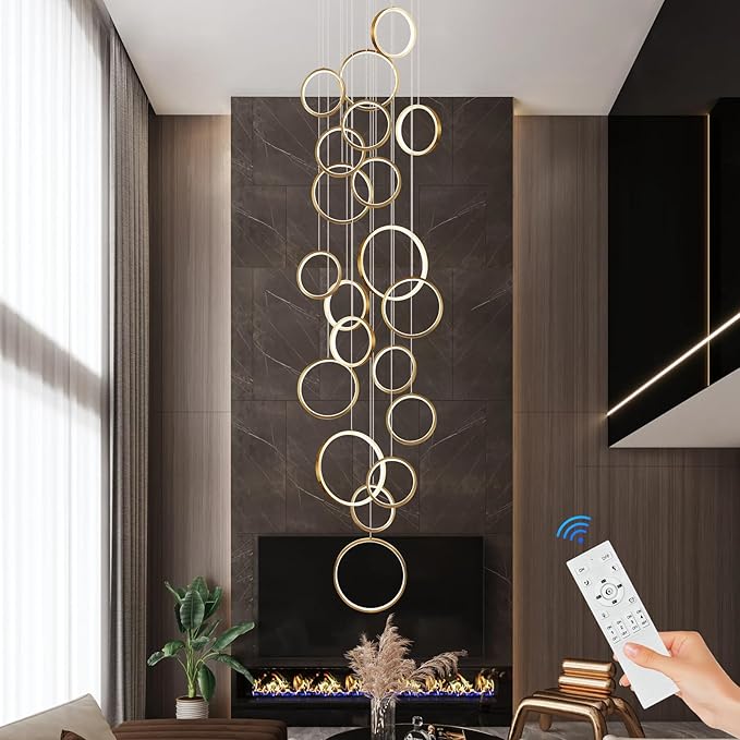 20 Rings Modern LED Chandelier for High Ceiling Dimmable Gold Contemporary Foyer Long Chandelier for Entryway, Long Pendant Light Fixture Staircase Dining Living Room, 3000-6500K