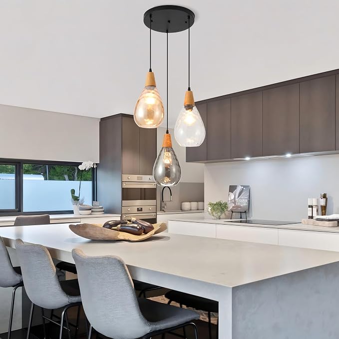Modern Glass Pendant Light Fixtures, 3 Lights Hammered Glass Pendant Lights, Vintage Cluster Pendant Light in Matte Black Finish, Hanging Lamp for Dining Room Kitchen Sink Foyer Cafe Bar