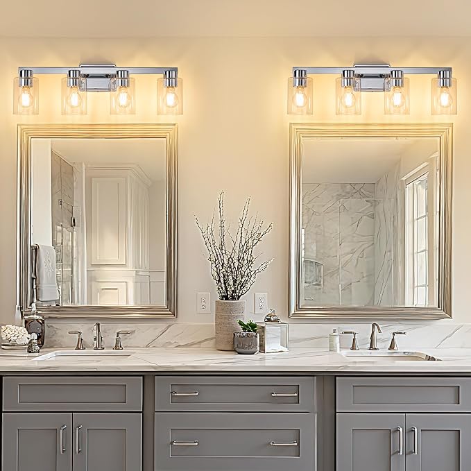 4-Light Bathroom Light Fixtures with Clear Glass, Chrome | Vanity Lights, Modern Wall Sconces, Over Mirror for Bathroom, Powder Room, Living Room