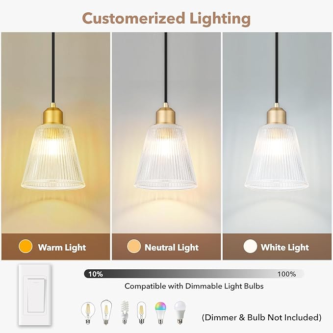 Pendant Lights Kitchen Island, Gold Pendant Light Fixtures with 5.8mm Thick Glass Shade and Adjustable Cord, Modern Pendant Lighting for Bathroom, Dining Room, Bedroom, 3 Pack