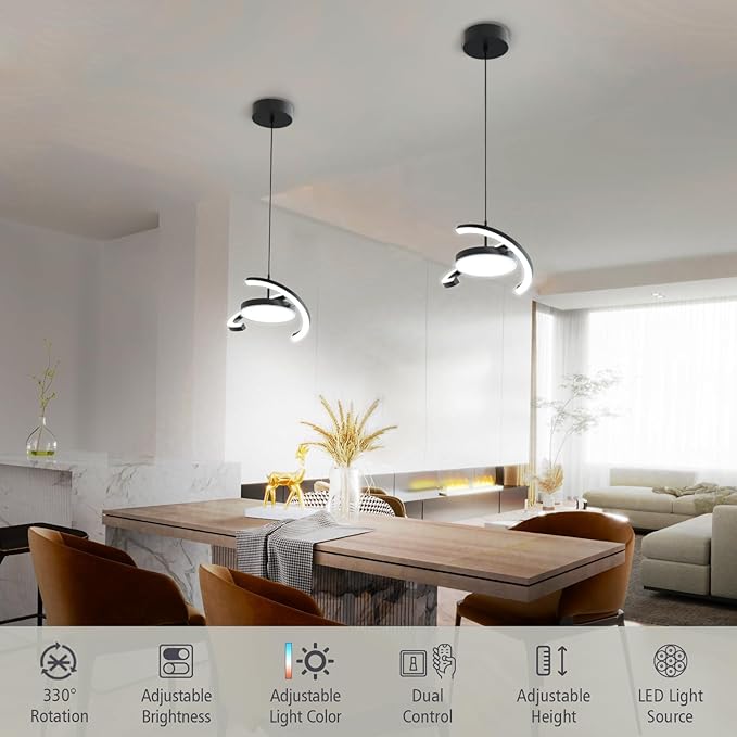 FIMEI LED Saturn Pendant Lights, 3000-6000K Dimmable Adjustable Hanging Chandelier Saturn Ring Design for Dining Room Kitchen Island Entryway Bedroom Foyer Black (Black, 2)