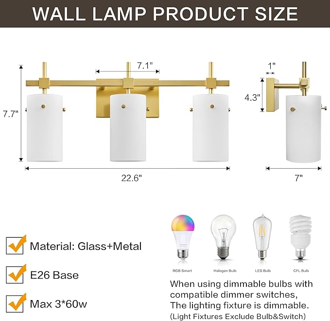 SOLFART 3-Light Bathroom Vanity Light, Modern Brushed Gold Wall Lights with Milky White Glass Shades, Bathroom Wall Sconce Lamp for Mirror Living Room Bedroom Hallway (Bulbs Not Included)