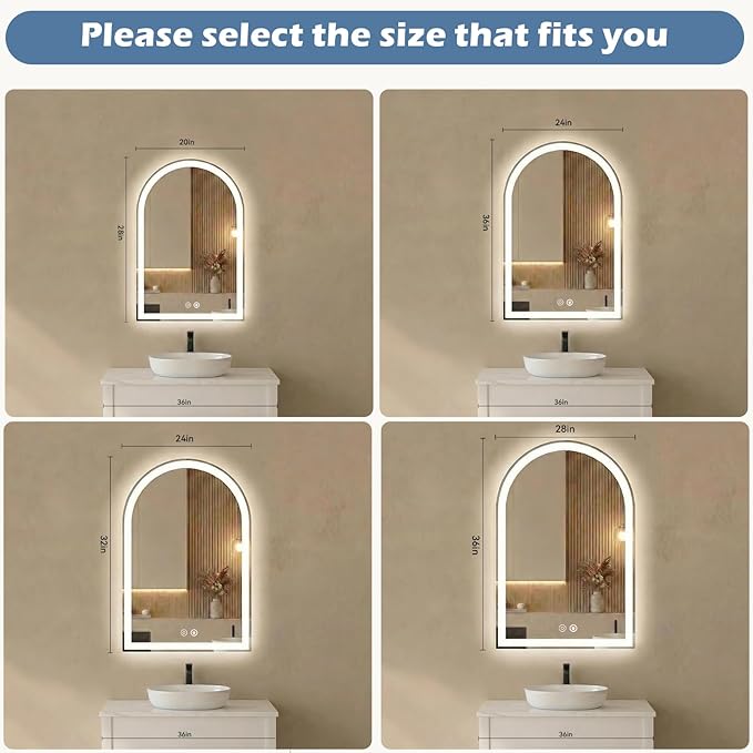 NEWBULIG 28X20 Inch Arched LED Bathroom Wall Mirror with Lights, Light up Vanity Bathroom Mirror for Over Sink, Anti-Fog and Dimmable, Front Light and Backlit, Memory Function, Shatter-Proof, White