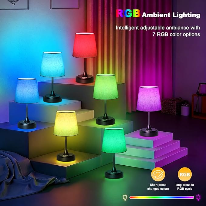 Wowag Small Cordless Table Lamp Rechargeable,5000mAh Battery Operated Desk Lamp,3 Colors & 7 RGB Stepless Dimmable,Touch Ambient Light for Bedside,Bedroom,Dining Room,Living Room,Black,FlaxenShade