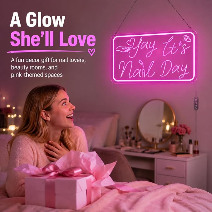 Pink Neon Sign, Yay It's Nail Day LED Neon Light Sign with Motion Sensor & 3-Key Dimmable Mode, USB Powered Neon Signs for Wall Decor, Nail Salon Decor, Nail Room Decor, Teen Girl Room Decor, Stylish Nail Tech Gifts for Women