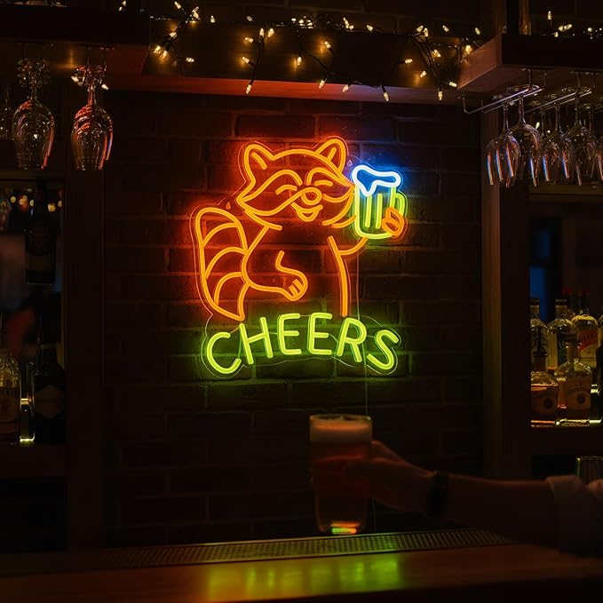 Raccoon Beer Neon Sign, Fun Animal LED Light for Bar Wall Decor, Dimmable Neon Sign for Man Cave, Bedroom, Game Room, or Home Bar, 15 x 13 inch
