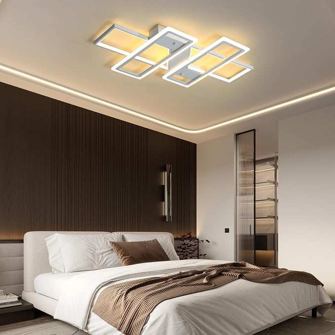 GEADI 35.4" Modern LED Ceiling Light, Dimmable White Flush Mount Chandelier | 80W 4-Square Geometric Ceiling Lamp with Remote, 3000K-6500K Dimming, Memory, 4800 Lumens, Low Profile for Bedroom, Kitchen