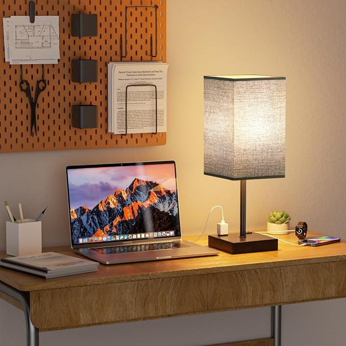 17.4" Set of 2 Table Lamp for Bedroom - Dimmable, USB C+A, 2 AC Outlets | 3-Way Touch Dimming, 3000K Warm White Bulb Included, Nightstand Lamp with Square Linen Shade, Room Decor for Men, Boys, Desk