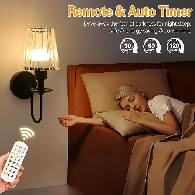 Battery Operated Wall Sconces Set of 2, Black Crystal Wall Lights | 5200mAh rechargeable wall lights with magnetic bulbs, remote control, 15 colors, 10-level dimming and timer for bedrooms