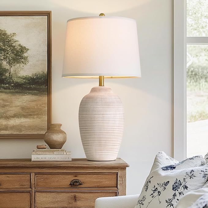 USumkky 29.5" Tall Vintage Ceramic Table Lamp with 5FT Cord - Single Large Rustic Farmhouse Bedside Lamp with Linen Shade & Natural Textured Finish, Nightstand Table Lamp for Bedroom End Table, Beige