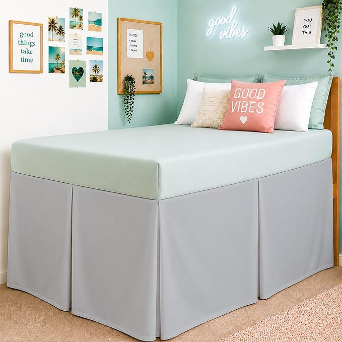 Cottington Lane Tailored Box Pleated College Dorm Bed Skirt Twin XL, Hotel Quality Premium Brushed Microfiber Extra Long Bedskirt Twin XL 25 Inch Drop, Light Grey Dorm Bedding