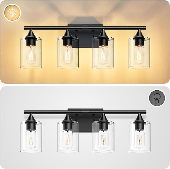 4-Light Bathroom Light Fixtures,Black Bathroom Vanity Light,Bathroom Lights Over Mirror with Clear Glass Shade,Modern Sconce Wall Lighting for Mirror Bedroom Vanity Hallway