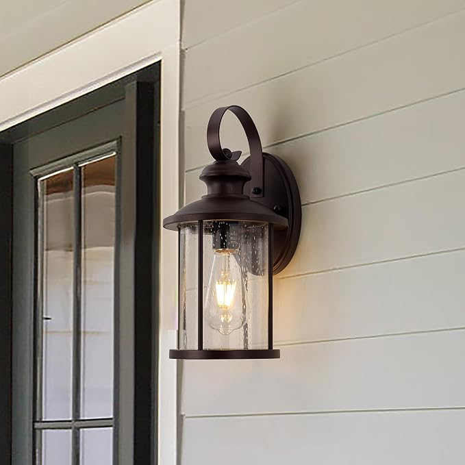 MICSIU 13.75" Oil Rubbed Bronze Rustic Outdoor Wall Light 1 Pack, 100W Max | Farmhouse Outside Front Porch Sconce Wall Mount with Clear Seeded Glass for Front Door, Garage, Patio