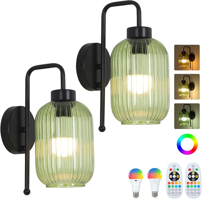 Black Wireless Sconces Set of 2 with Green Stripe Glass Shade, Battery Operated Wall Sconces with Remote and Dimmable Bulb, Vintage Rechargeable Cordless Wall Lights For Bedside Living Room Bathroom