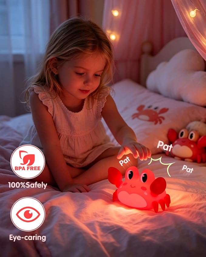 YISUN Crab Night Light for Kids, Silicone LED Dimmable Nursery Nightlight | Rechargeable Bedside Touch Light, Novelty Animal Lamp for Boys Girls Toddlers