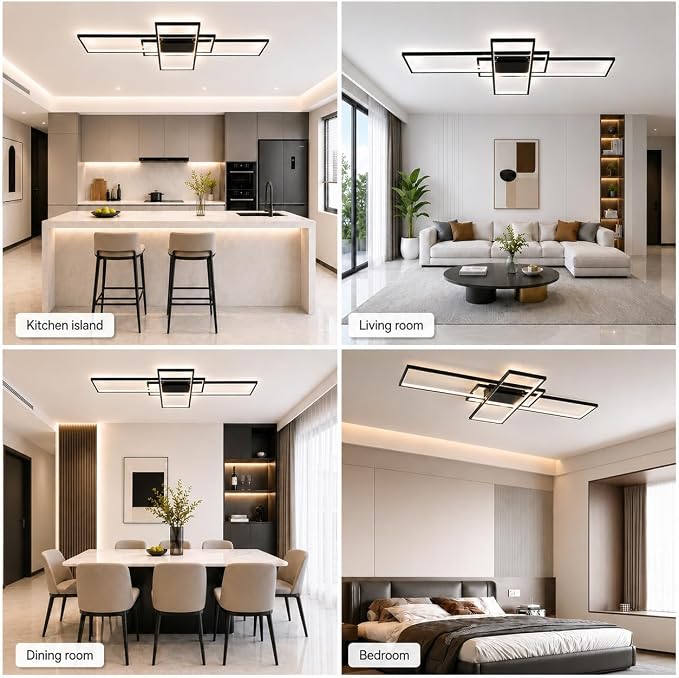 GEADI 60.2" Extra Large Modern LED Ceiling Light, Dimmable Chandelier | 112W Black Geometric Flush Mount Ceiling Lamp with Remote, 3000K-6500K Dimming, Memory, Chandelier for Living Room